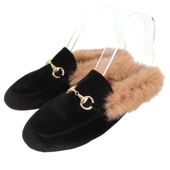 Womens 39 Black Velvet Gold Metal Horse Bit Brown Rabbit Fur Slide Shoes Slipper - Picture 1 of 11